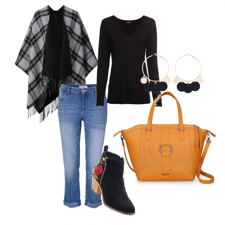 Outfit donna - Tizi. Stile Trendy Abbinamento con cappotti, stivaletti, jeans strappati, maglieria, orecchini, shopping bag.