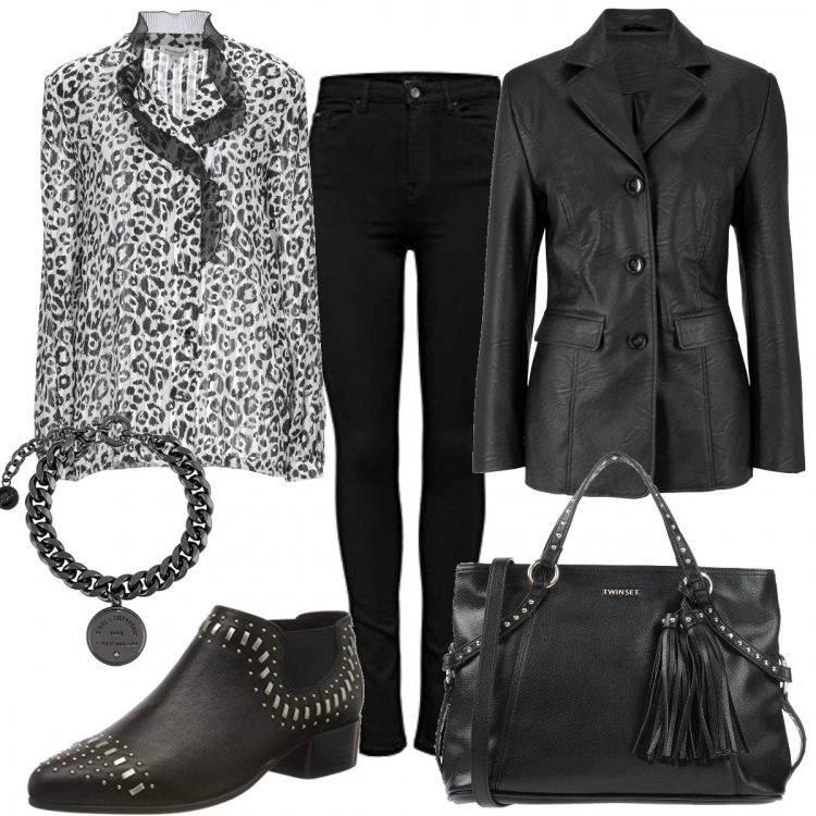 Outfit donna - In ufficio black-rock. Stile Rock per Ufficio. Abbinamento con blazer, borse a mano, camicie, braccialetti, stivaletti chelsea, pantaloni.