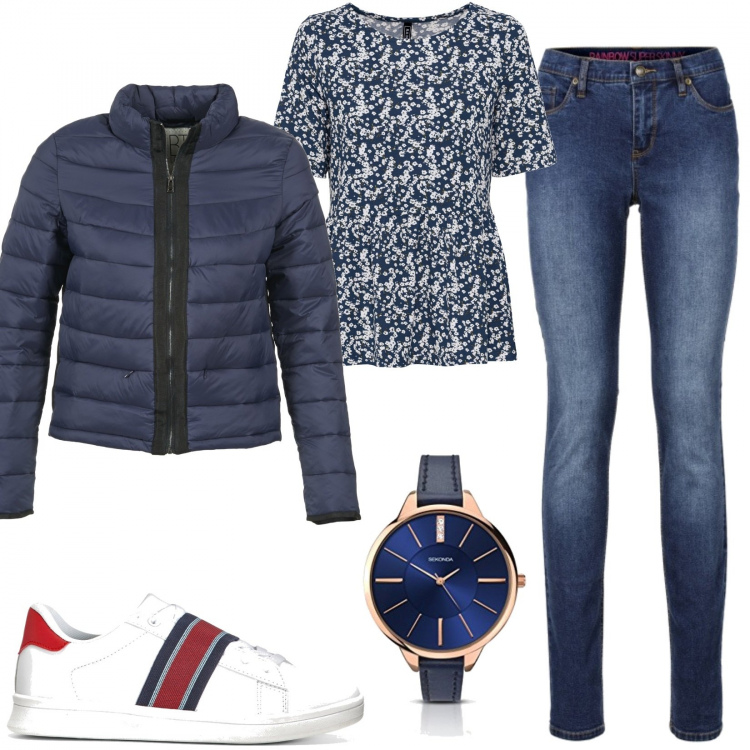 Outfit donna - Piumino 100 grammi. Stile Trendy per Tutti i giorni. Abbinamento con jeans skinny, sneakers, maglieria, piumini, orologi.