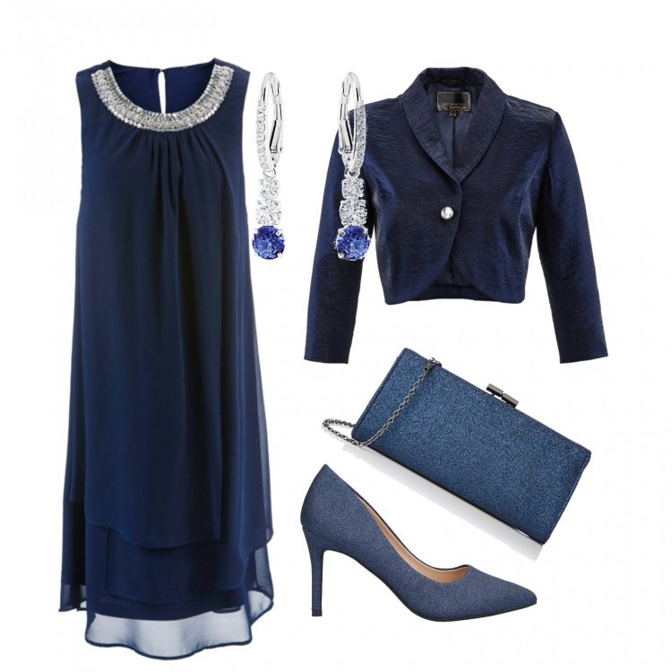 Outfit donna - Bolero blu. Stile Bon Ton per Serata fuori. Abbinamento con vestiti, bolero, décolleté, orecchini, pochette.