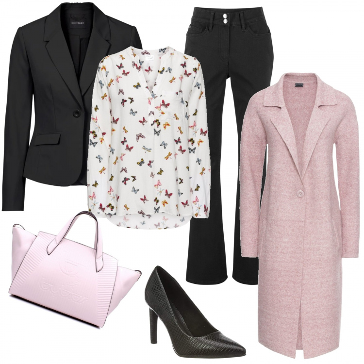 Outfit donna - Rosa e nero.. Stile Chic per Ufficio. Abbinamento con cappotti, bluse, pantaloni, blazer, borse a mano, scarpe col tacco.