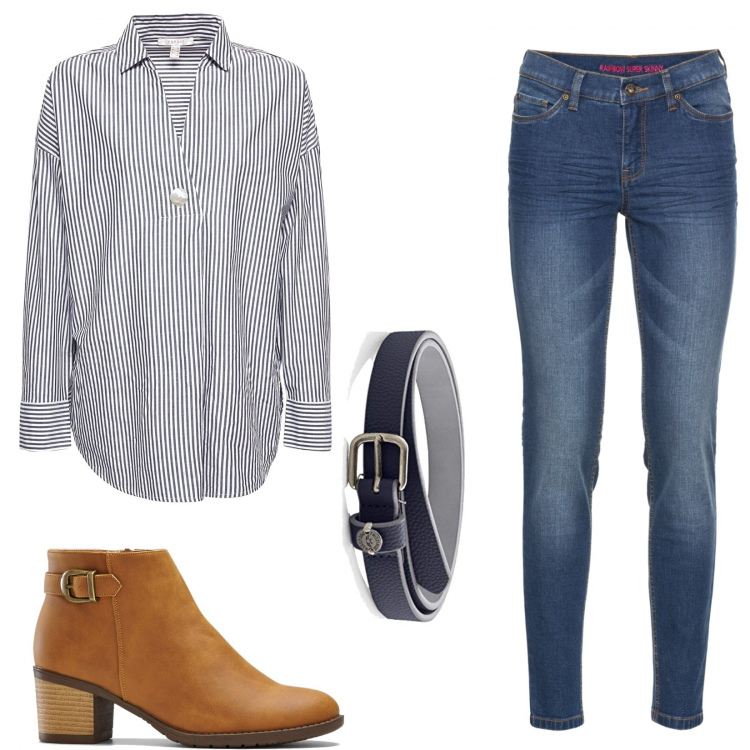 Outfit donna - Camicia a righe. Stile Trendy per Ufficio. Abbinamento con jeans skinny, stivaletti, bluse, cinture.