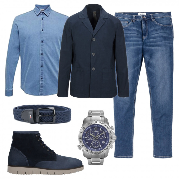 Outfit uomo - Camicia jeans e scarponcini. Stile Casual per Tutti i giorni. Abbinamento con jeans, giacche, stivali e stivaletti, cinture, braccialetti, camicie.