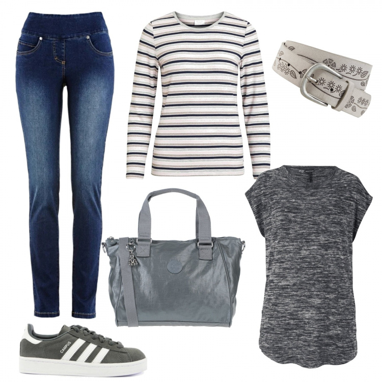 Outfit donna - Le righe e i fiorellini. Stile Basic per Tutti i giorni. Abbinamento con jeans, pullovers, cinture, borse a tracolla, sneakers, t-shirt.