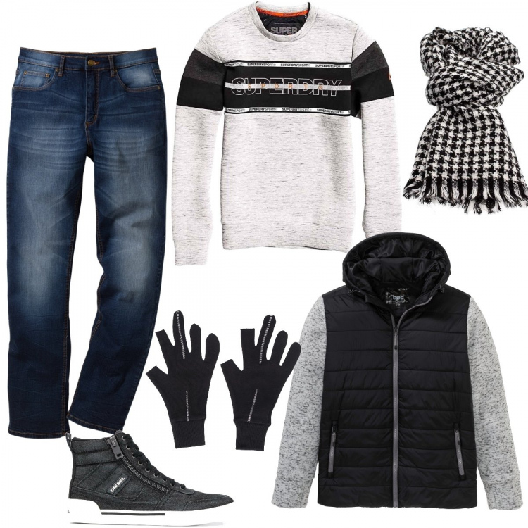 Outfit uomo - È arrivato l’autunno. Stile Urban per Tutti i giorni. Abbinamento con jeans dritti, cappotti, felpe, sciarpe, sneakers alte, guanti.