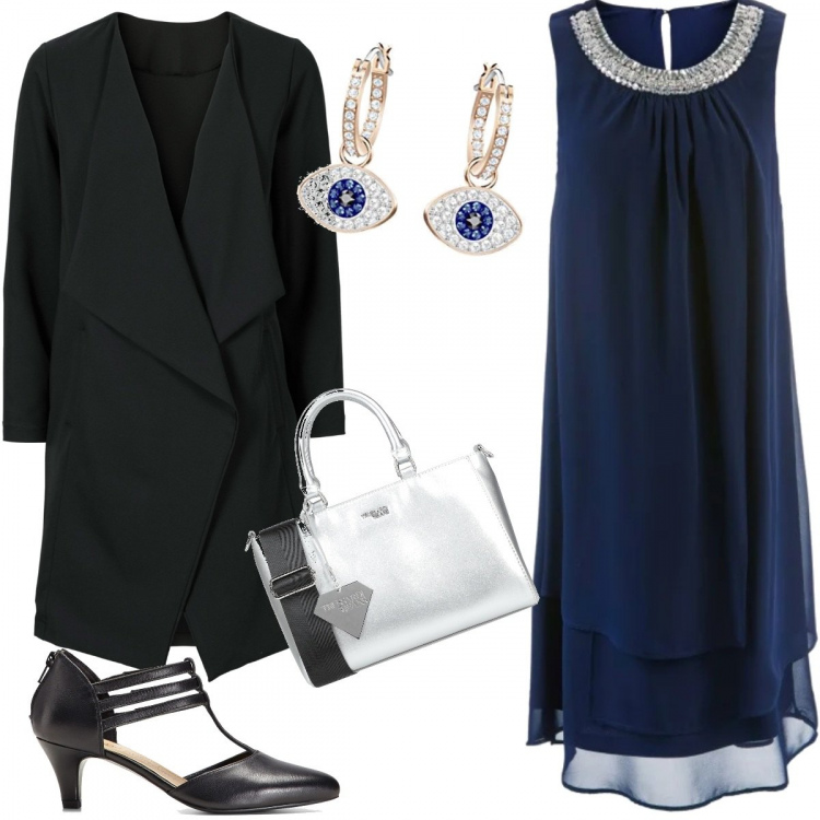 Outfit donna - Serata Autunnale. Stile Chic per Cerimonia. Abbinamento con vestiti, giacche, décolleté, borse a tracolla, orecchini.