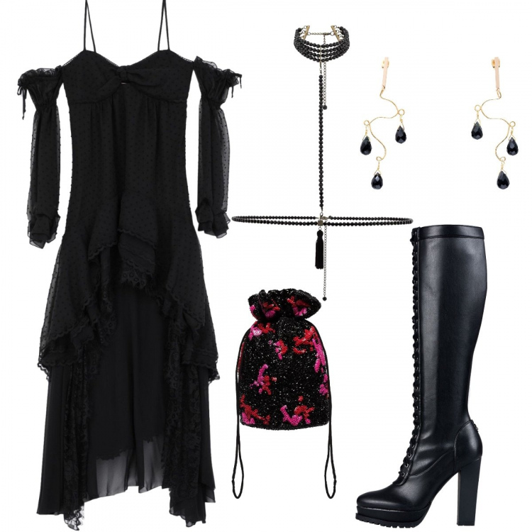Outfit donna - Gothic romantic style. Stile Trendy per Serata fuori. Abbinamento con stivali, vestiti corti, orecchini, ciondoli, clutch.