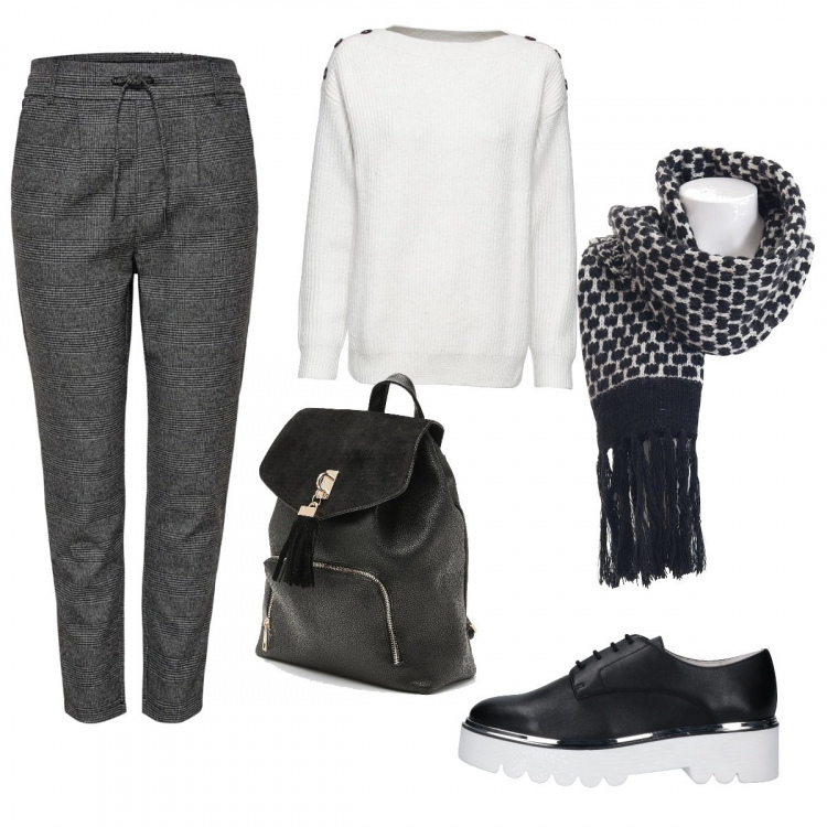 Outfit donna - Collo al caldo. Stile Basic per Tutti i giorni. Abbinamento con maglieria, scarpe stringate, zaini, sciarpe, pantaloni chino.