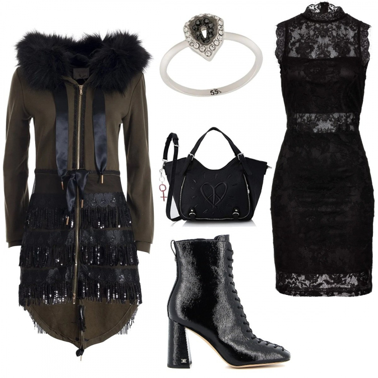 Outfit donna - Chic #39686. Stile Chic per Serata fuori. Abbinamento con vestiti, parka, anelli, borse a tracolla, stivaletti.