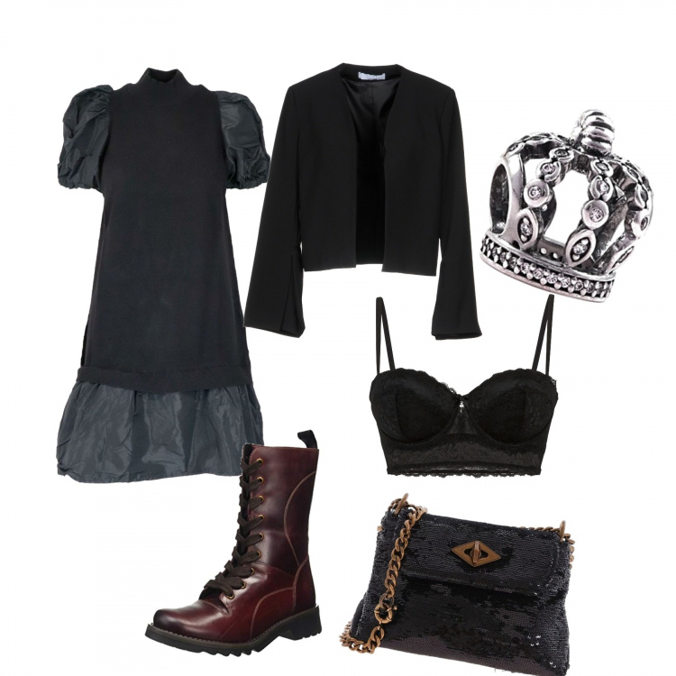 Outfit donna - Goth girl. Stile Trendy per Tutti i giorni. Abbinamento con reggiseni a balconcino, blazer, vestiti, borse a spalla, anfibi, ciondoli.