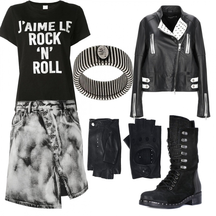 Outfit mujer - Metál. Estilo Rock para Todos los días. Combinación con guantes, botas, minifaldas, abrigos, camiseta, anillos.