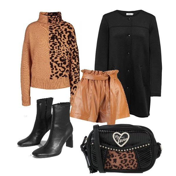 Outfit donna - Gli shorts in ecopelle. Stile Rock per Tutti i giorni. Abbinamento con borse a tracolla, pullovers, pantaloni corti, stivali, parka.