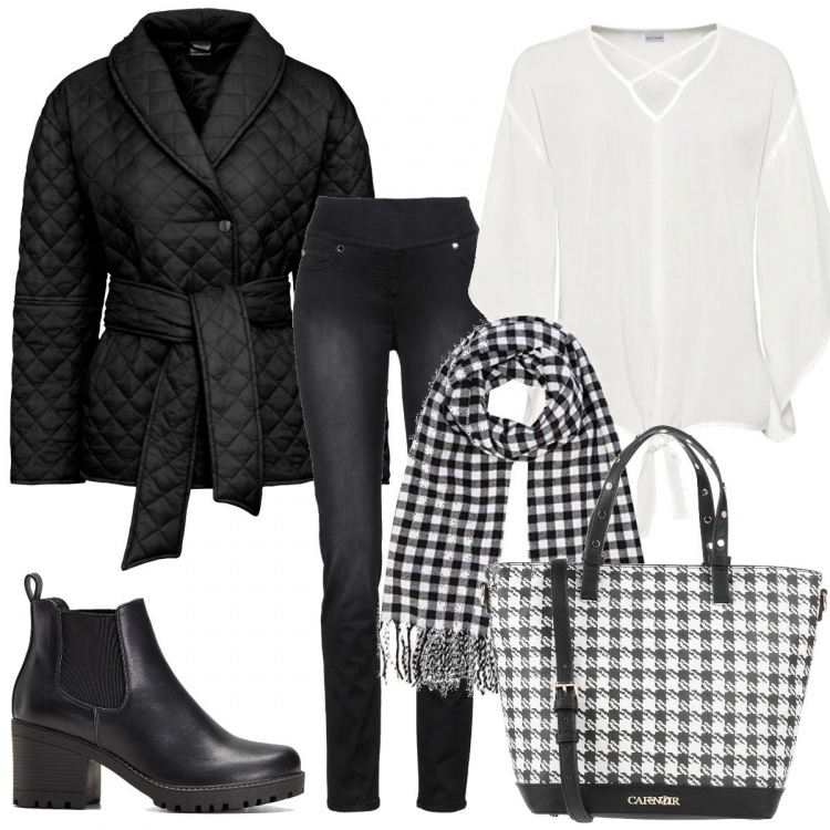 Outfit donna - In bianco e nero. Stile Basic per Tutti i giorni. Abbinamento con jeans, stivaletti chelsea, blazer, bluse, borse a mano, sciarpe.