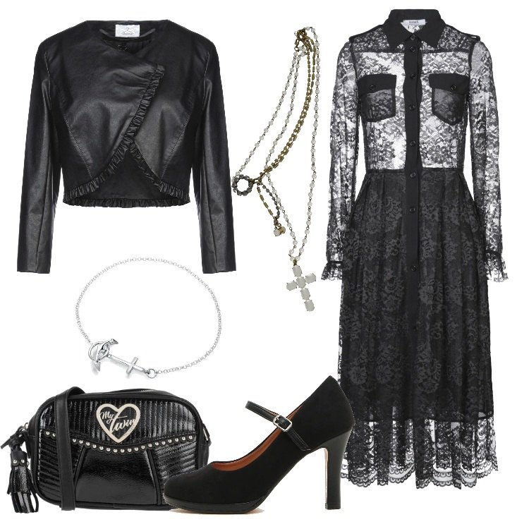 Outfit donna - TREND: Gothic romantic Style. Stile Trendy per Tutti i giorni. Abbinamento con vestiti midi/longuette, borse a tracolla, cappotti, braccialetti, décolleté, collane.