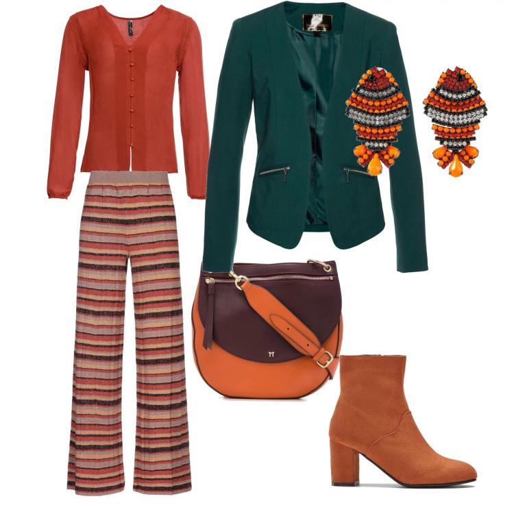 Outfit donna - Autunno. Stile Basic Abbinamento con blazer, camicie, stivaletti, pantaloni, orecchini, borse tote.