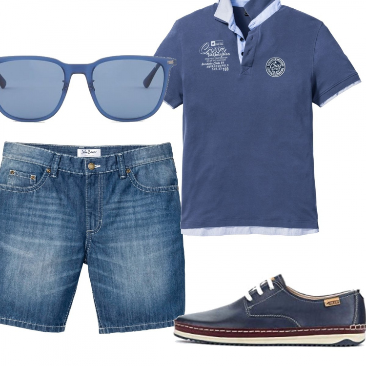 Outfit uomo - Casual #21945. Stile Casual per Mare. Abbinamento con polo, pantaloni corti, occhiali da sole, scarpe stringate.