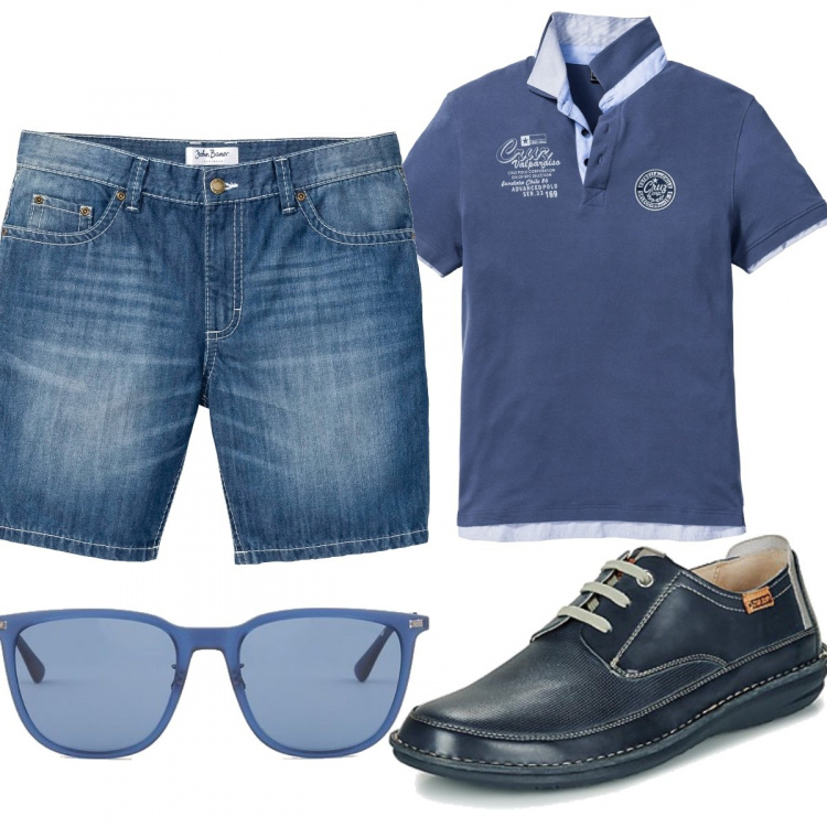 Outfit uomo - Casual #21945. Stile Casual per Tutti i giorni. Abbinamento con scarpe stringate, polo, pantaloni corti, occhiali da sole.
