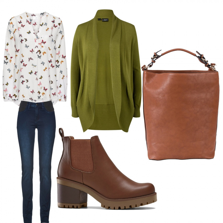 Outfit donna - Primavera nella testa. Stile Trendy per Scuola/Università. Abbinamento con bluse, stivaletti chelsea, jeans, cardigans, shopping bag.