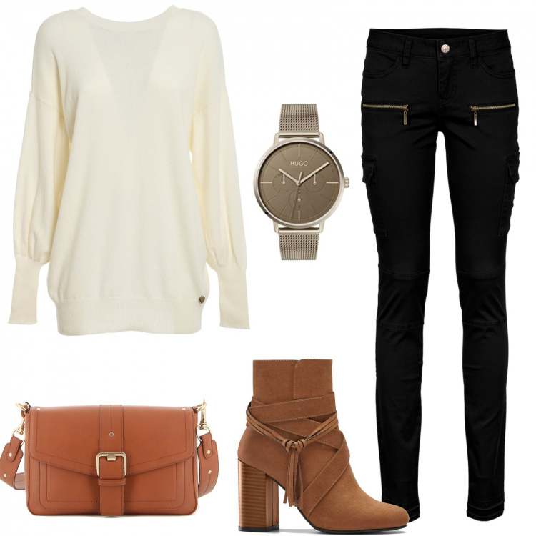 Outfit donna - Giornata in ufficio. Stile Trendy per Ufficio. Abbinamento con pantaloni cargo, stivaletti, maglioni, orologi analogici, borse a spalla.