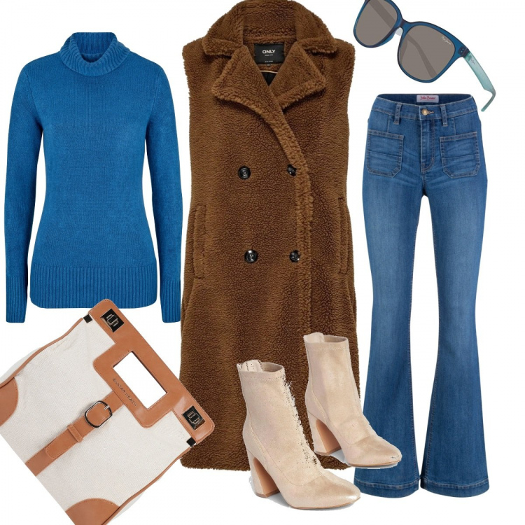 Outfit donna - Total look #758996. per Ufficio. Abbinamento con maglieria, jeans a zampa, borse a mano, stivali, cappotti, occhiali da sole.