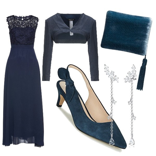 Outfit donna - Chic #39758. Stile Chic per Serata fuori. Abbinamento con vestiti lunghi, bolero, décolleté, clutch, orecchini.