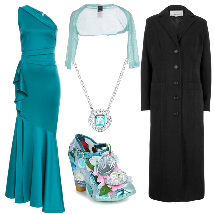 Outfit donna - Sirena Curvy da sera. Stile Sexy per Serata fuori. Abbinamento con cappotti, vestiti corti, bolero, scarpe col tacco, collane.