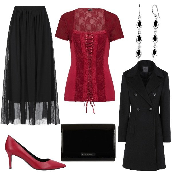 Outfit donna - Focus Donna: Rosso. Stile Chic per Serata fuori. Abbinamento con gonne lunghe, décolleté, cappotti, maglieria, clutch, orecchini.