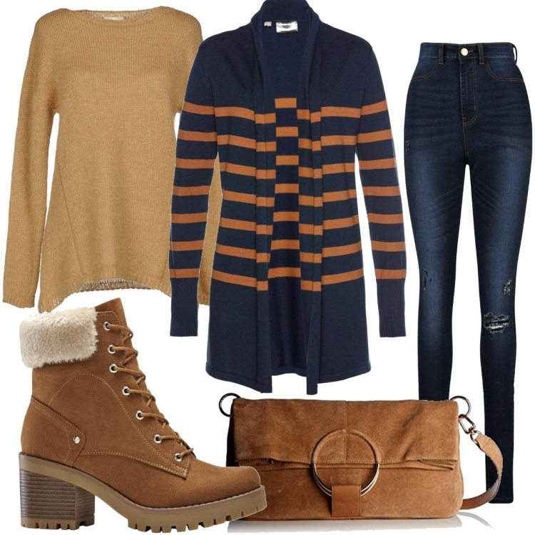 Outfit donna - Camoscio. Stile Basic per Tutti i giorni. Abbinamento con stivaletti, cardigans, pullovers, jeggings, pochette.
