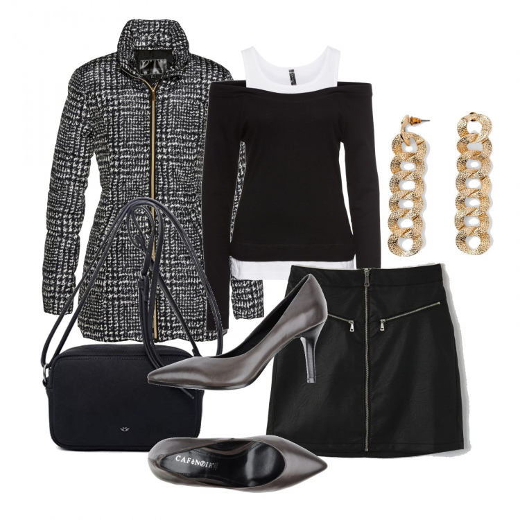 Outfit donna - Un tranquillo venerdì. Stile Trendy per Tutti i giorni. Abbinamento con giacche, maglieria, orecchini, décolleté, minigonne, borse a tracolla.