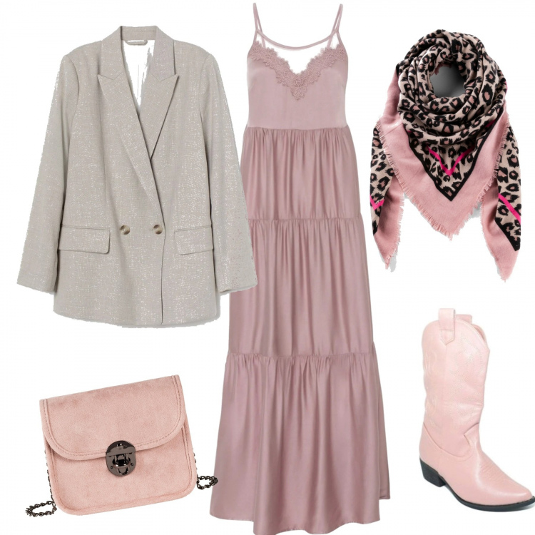 Outfit donna - Bon Ton #30421. Stile Bon Ton per Tutti i giorni. Abbinamento con foulard, vestiti lunghi, borse a tracolla, stivaletti texani, blazer.