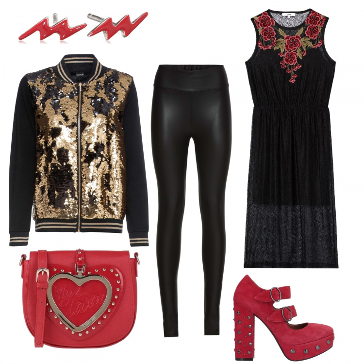 Outfit donna - Special night curvy edition. Stile Urban per Serata fuori. Abbinamento con treggings, bomber, décolleté, borse a mano, vestiti midi/longuette, orecchini.