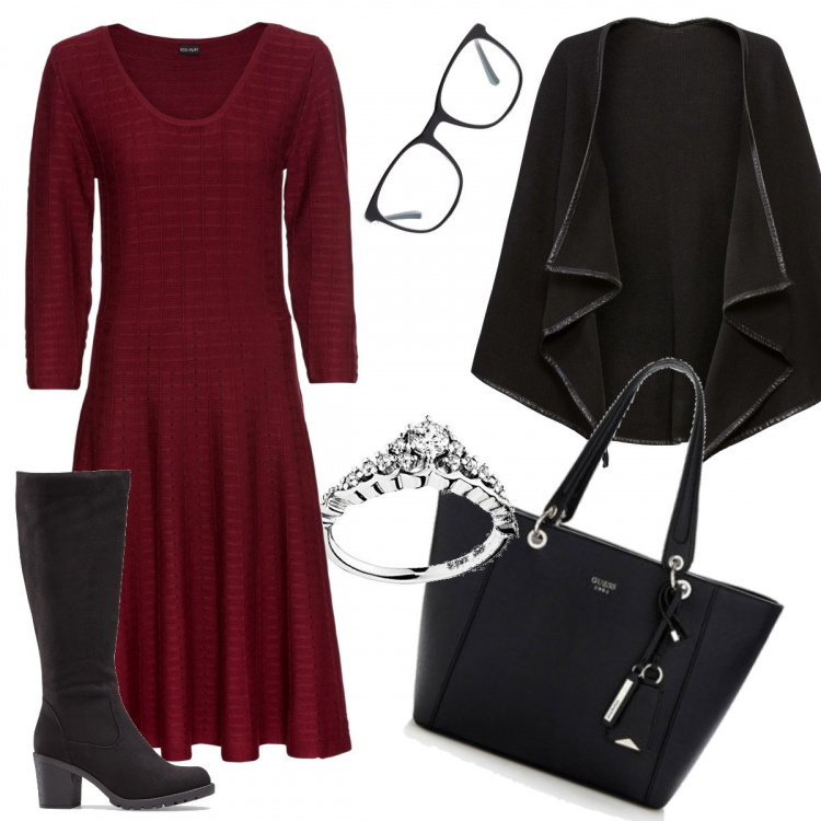 Outfit donna - Urban #27098. Stile Urban per Ufficio. Abbinamento con vestiti, cappotti, stivali sopra il ginocchio, shopping bag, anelli, occhiali.