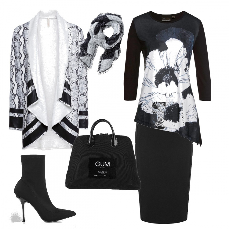 Outfit donna - Curvy black & white. Stile Trendy per Ufficio. Abbinamento con sciarpe, cappotti, pullovers, borse a mano, stivaletti, gonne.