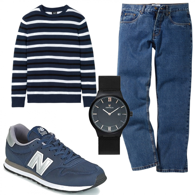 Outfit uomo - Urban #10019. Stile Urban per Tutti i giorni. Abbinamento con jeans dritti, maglioni, sneakers, orologi analogici.