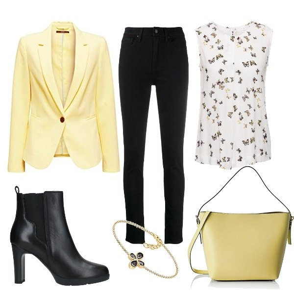 Outfit donna - In blazer e stivaletti a lavoro. Stile Bon Ton per Ufficio. Abbinamento con top, stivaletti, jeans skinny, borse a spalla, braccialetti, blazer.
