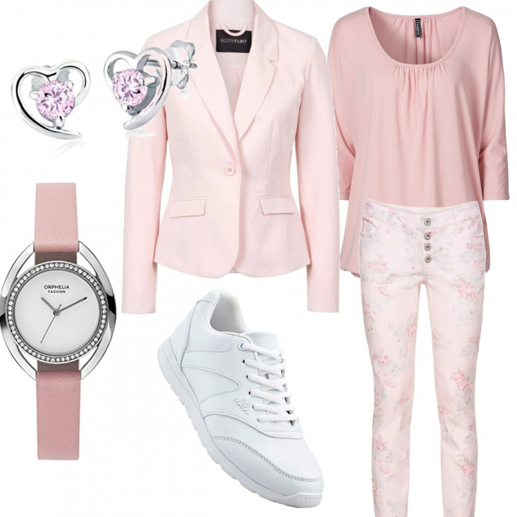 Outfit donna - Pink life!. Stile Trendy per Tutti i giorni. Abbinamento con maglieria, blazer, pantaloni, sneakers, orecchini, orologi analogici.