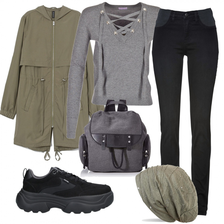 Outfit donna - In treno tutti i giorni. Stile Basic per Tutti i giorni. Abbinamento con jeans skinny, sneakers, maglioni, zaini, parka, berretti.