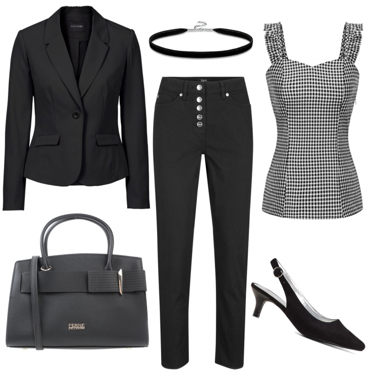 Outfit donna - Black & White. Stile Trendy per Tutti i giorni. Abbinamento con borse a mano, blazer, pantaloni capri, décolleté, vestiti senza maniche, ciondoli.