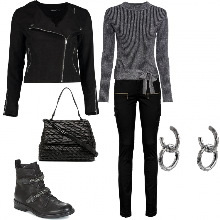 Outfit donna - Total look #759721. Stile Rock per Serata fuori. Abbinamento con pantaloni cargo, maglioni, orecchini, blazer, stivaletti, borse a mano.