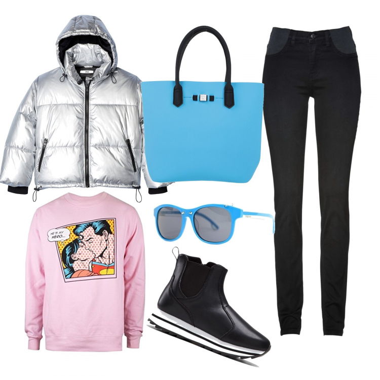 Outfit donna - Il bomber argento. Stile Urban per Scuola/Università. Abbinamento con jeans skinny, stivaletti, borse a mano, maglioni, piumini, occhiali da sole.
