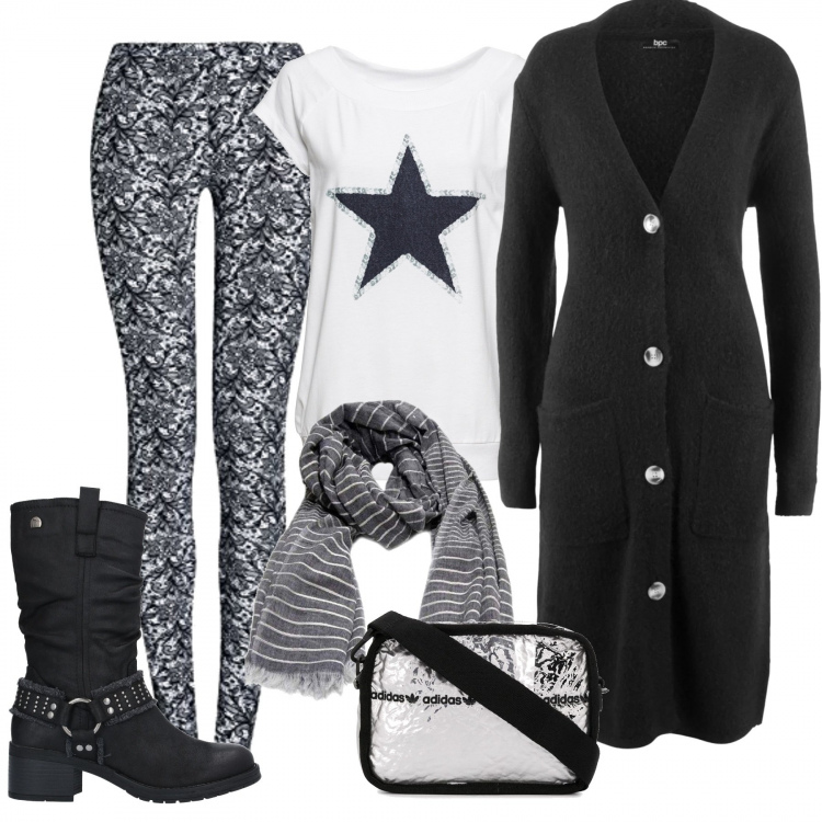 Outfit donna - Consigli di stile inverno low-cost. Stile Trendy per Tutti i giorni. Abbinamento con cardigans, t-shirt, stivaletti, sciarpe, borse a tracolla, leggings.