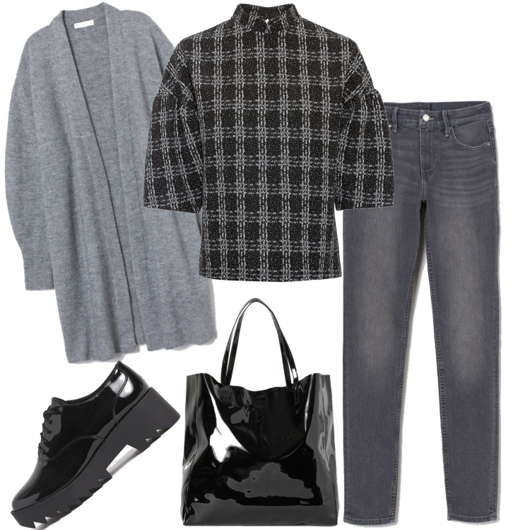 Outfit donna - Ultimo giorno di lavoro. Stile Trendy per Tutti i giorni. Abbinamento con maglieria, shopping bag, cardigans, jeans skinny, scarpe stringate.
