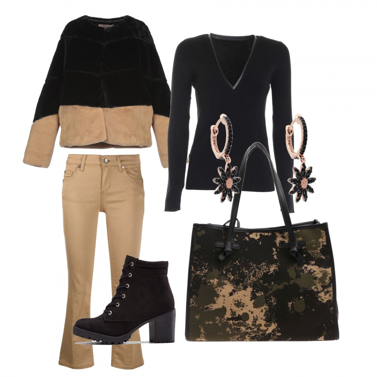 Outfit donna - Day 1. per Tutti i giorni. Abbinamento con stivaletti, cappotti, orecchini, pantaloni a palazzo, pullovers, shopping bag.