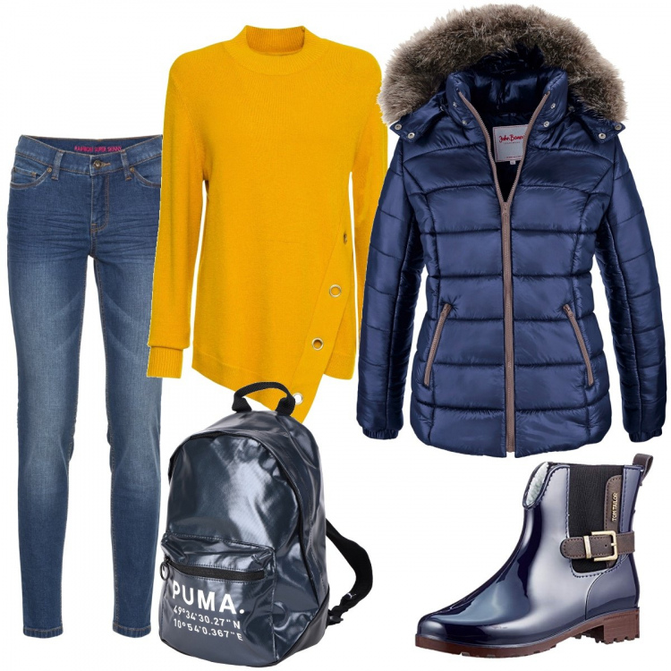 Outfit donna - Quando fuori piove. Stile Urban per Tutti i giorni. Abbinamento con piumini, jeans skinny, maglioni, zaini, stivali.