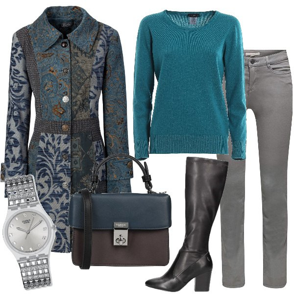 Outfit donna - Il cappottino jaquard con stivali. Stile Trendy per Ufficio. Abbinamento con cappotti, borse a mano, stivali, pantaloni, pullovers, orologi.