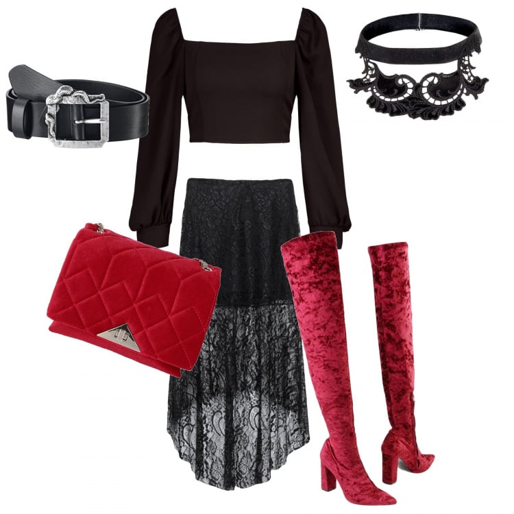 Outfit mujer - Gotica. para Noche/Fiesta elegante. Combinación con cinturones, collares, botas, bandoleras, falda longuette, blusas.