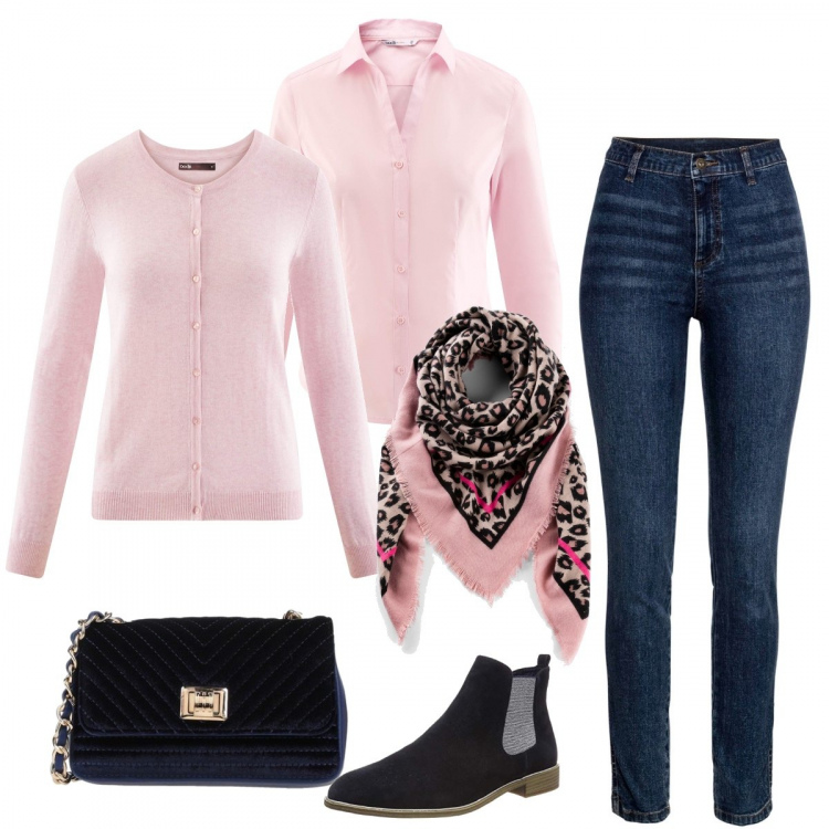 Outfit donna - Rosa su rosa. Stile Basic per Ufficio. Abbinamento con foulard, jeans skinny, borse a tracolla, cardigans, camicie, stivaletti.