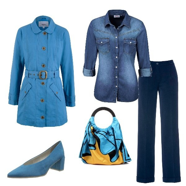 Outfit donna - Tutti i colori del mare. Stile Bon Ton per Tutti i giorni. Abbinamento con camicie, pantaloni, trench, borse a spalla, scarpe col tacco.