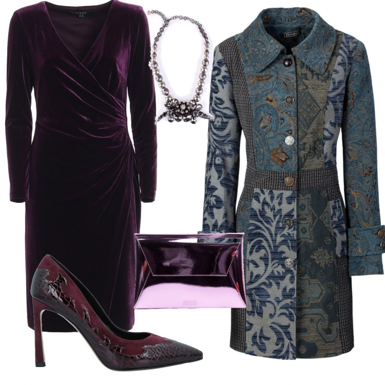 Outfit donna - Velluti e damaschi. Stile Chic per Serata fuori. Abbinamento con cappotti, décolleté, borse a mano, collane, vestiti.