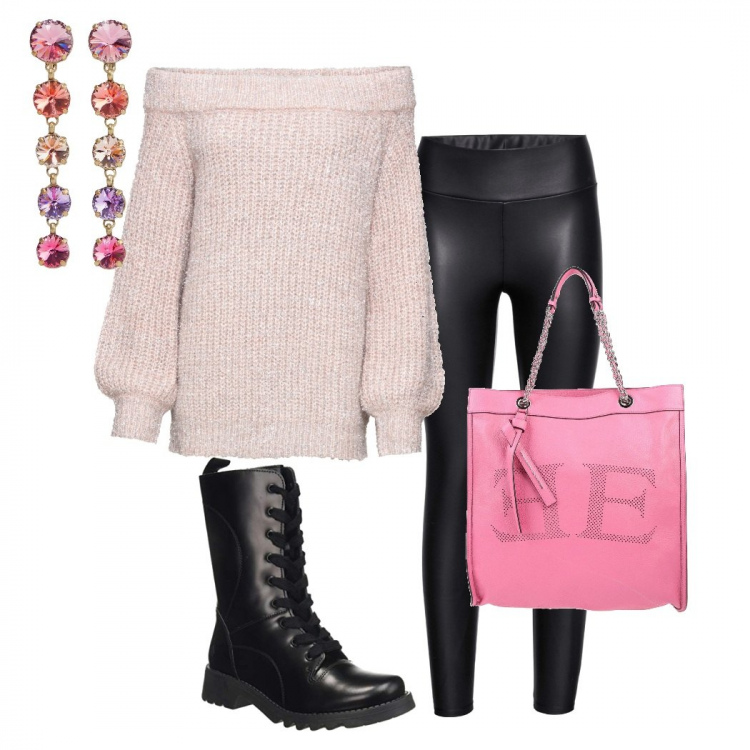 Outfit donna - Pink is goog. Stile Rock per Tutti i giorni. Abbinamento con leggings, maglioni, orecchini, borse a mano, anfibi.